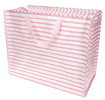 Large jumbo storage bag with pink horizontal stripes and pink handles.