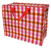 Large storage bag with a red, pink, and white gingham pattern and red handles.