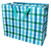Large storage bag with a multi‑coloured gingham pattern and turquoise handles.