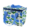 Insulated lunch bag with a blue floral pattern and blue handles.