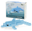 Completed dolphin brick model displayed beside its packaging box.