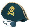 Pirate hat with a gold skull-and-crossbones design, shown with a matching eye patch.
