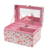 Open floral musical jewellery box with mirror, compartments, and spinning dancer.