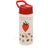 Water bottle with red lid, decorated with small red and pink strawberry illustrations.