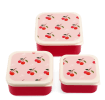 Set of three red snack boxes with cream lids featuring a cherry print.