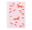 Pink notebook with colourful unicorns, rainbows, stars, and suns on the cover.