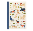 Notebook with illustrated dogs in a park scene on the cover.