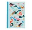 Notebook with illustrated mermaids, sea creatures, and shells on a light aqua cover.