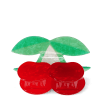 Hair claw clip featuring a sweet cherry design in red, green and white, with hints of marbling and translucence. 