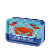 Blue mini storage tin with an illustrated crab on the front.