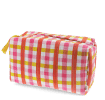 Pink and yellow gingham quilted washbag with a zip and tassel.