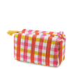 Pink and yellow gingham quilted makeup bag with a zip and tassel.