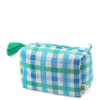 Blue and green gingham quilted makeup bag with a zip and tassel.