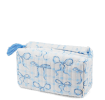 Light blue quilted makeup bag with a bow pattern and tassel.