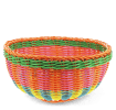 Round woven basket made of brightly coloured plastic.