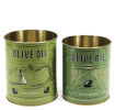 Two green olive oil storage tins, featuring illustrated trees and olives.