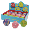 Display box of colourful marbled bouncy balls with swirling patterns 