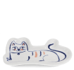 White ceramic trinket dish shaped like a reclining cat with simple blue and orange details.