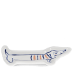 White ceramic trinket dish shaped like a long sausage dog with blue and orange details.