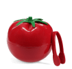 Tomato-shaped red ice bucket with green lid and matching serving tongs.