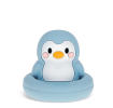 Blue silicone bunny bath toy with upright ears and simple face, in round base