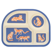 Four sectioned children’s plate with orange tiger illustrations in each compartment.