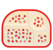 Four sectioned children’s plate with a red rim and small strawberry illustrations in each compartment.