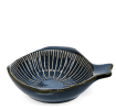 Blue ceramic fish-shaped dish with striped pattern and handle