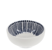 White ceramic bowl with blue vertical line pattern inside