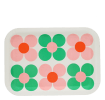 Pink and green daisy patterned wooden tray with rounded corners.
