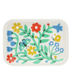 Wooden tray with colourful floral and butterfly design on a light background.
