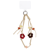 Beige and tan phone strap with knotted cords, small beads, and red flower-shaped charms.