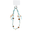 Blue and beige knotted phone strap with small beads and metal ring attachment.