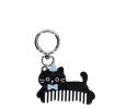 Black cat-shaped keyring with comb teeth, blue bow and hat attached to a silver ring.