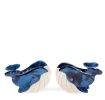 Set of two mini whale-shaped hair claw clips in blue and cream 