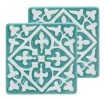 Set of two turquoise ceramic coaster with embossed pattern.