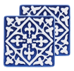 Set of two blue ceramic coaster with embossed pattern.