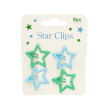 Blue and green star hair clips on display card.