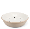 Round two-part soap dish with drainage holes.