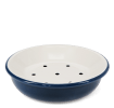 Round two-part soap dish with drainage holes in blue.