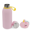 stainless drinks bottle with unicorn lid, shown open with screw cap and carry loop.