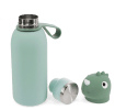 Dinosaur drinks bottle with carry loop, shown open with screw cap and character lid.