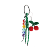 Crochet cherry bag charm with green cord strap, colourful beads