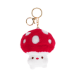 Plush mushroom bag charm with red spotted cap, gold keyring and soft white base