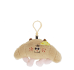 Fluffy croissant bag charm with smiley face, cheese patch and clip attachment