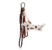 Plush sausage dog bag charm with brown spots, cord strap and clip.