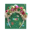 Festive tinsel party headband decorated with colourful jingle bells on retail packaging.