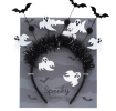Halloween headband with black tinsel, ghost decorations and bat on retail packaging.