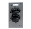 Set of two black bat-shaped hair claw clips on Halloween-themed retail packaging.