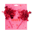 Red party headband with tinsel pom-poms and star decorations on retail packaging.